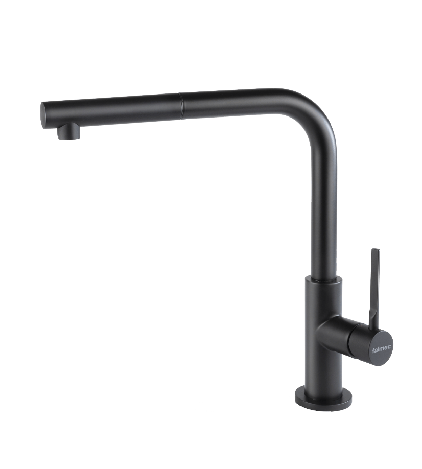 TREVI CORNER Однорычажный смеситель для мойки с прямоугольным  поворотным изливом и выдвжным душем. Соединительные шланги с внутренней резьбой 3/8 дюйма, матовый черный