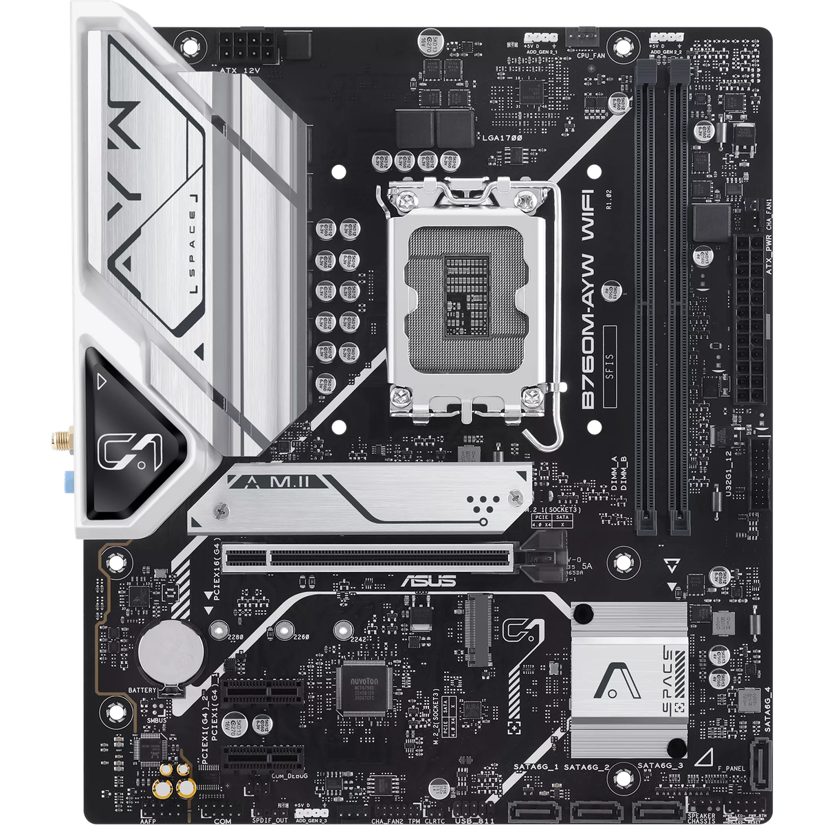 Материнская плата ASUS B760M-AYW WIFI-SI, LGA 1700, Intel B760, 2xDDR5, 4xSATA, 2xM.2, 1xPCIe 4.0 x16, 2xPCIe 4.0 x1, 1xHDMI, 1x2.5Gb LAN, Wi-Fi 6, Bluetooth 5.3, 4xUSB-A 5Gbps, 2xUSB-A 2.0, 3x3.5 мм, 7.1, mATX