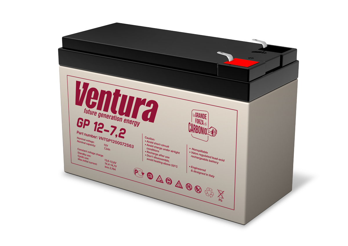 Батарея Ventura серия GP, GP12-7.2, напряжение  12B, емкость 7.2Ач (разряд 20 часов), макс. ток заряда 1.8А,  свинцово-кислотная типа AGM,  клеммы  T2, ДШВ  151х65х100мм, вес 2.15кг/ Ventura battery GP series, GP12-7.2, voltage 12V, capacity 7.2Ah (discharge 20 hours), max. charging current 1.8A, lead-acid type AGM, terminals T2, LxWxH 151x65x100mm, weight 2.15kg