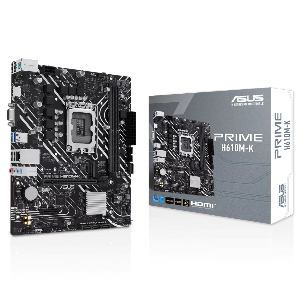 Материнская плата ASUS PRIME H610M-K, LGA 1700, Intel H610, 2xDDR5, 4xSATA, 1xM.2, 1xPCIe 4.0 x16, 1x1Gb LAN, 2xUSB-A 3.2 Gen 1, 4xUSB-A 2.0, 1xHDMI, 1xVGA, 3x3.5 мм, 1xRS-232, 7.1, mATX