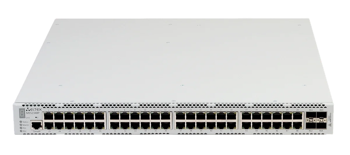 ELTEX MES2348P Ethernet-коммутатор 48 портов 10/100/1000 Base-T (PoE/PoE+), 4 порта 10GBase-R (SFP+)/1000Base-X (SFP), L3, 2 слота для модулей питания
