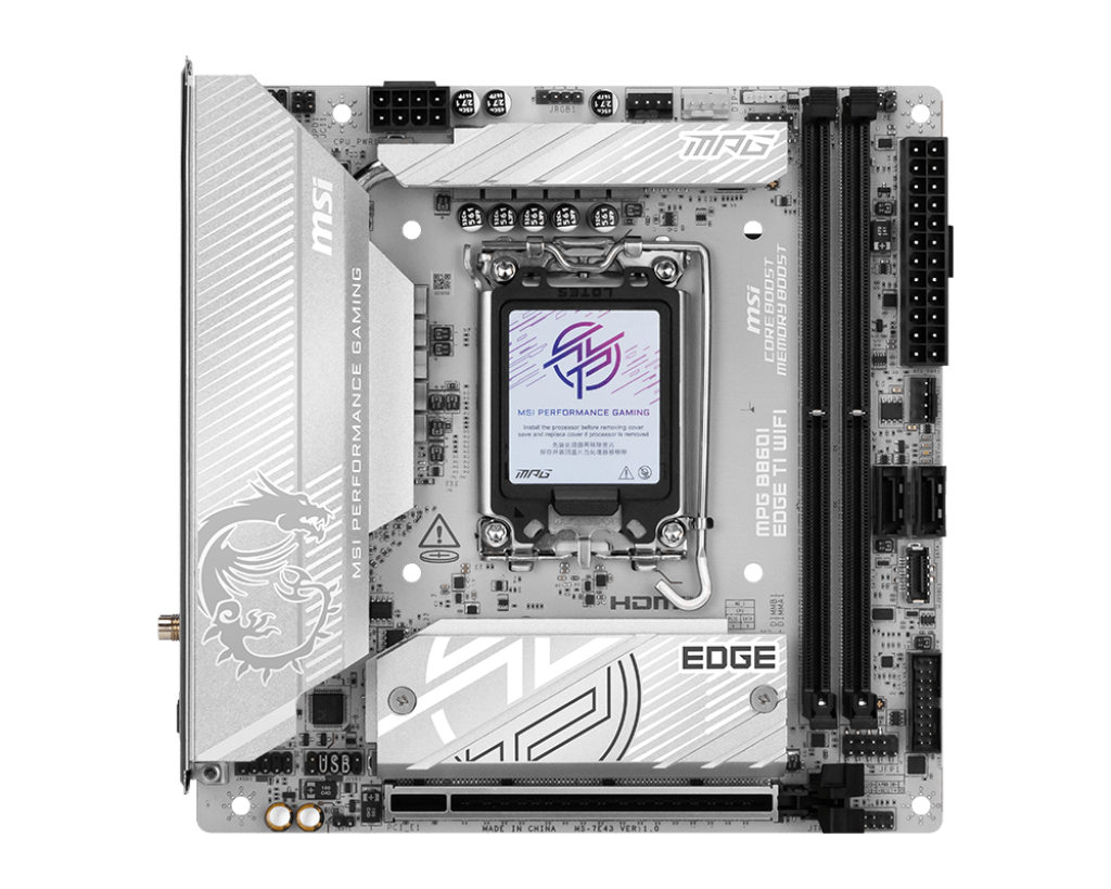 Материнская плата MSI MPG B860I EDGE TI WIFI, LGA 1851, Intel B860, 2xDDR5 (до 128 ГБ), 2xSATA, 2xM.2 (1xPCIe 5.0, 1xPCIe 4.0/SATA), 1xPCIe 5.0 x16, 1xHDMI, 1x5Gb LAN, Wi-Fi 7, Bluetooth 5.4, 1xUSB-C 40Gbps (Thunderbolt 4), 1xUSB-C 10Gbps, 1xUSB-A 10Gbps, 4xUSB-A 5Gbps, 2xUSB-A 2.0, 3x3.5 мм + S/PDIF оптический, 7.1, белый/серебристый, Mini-ITX