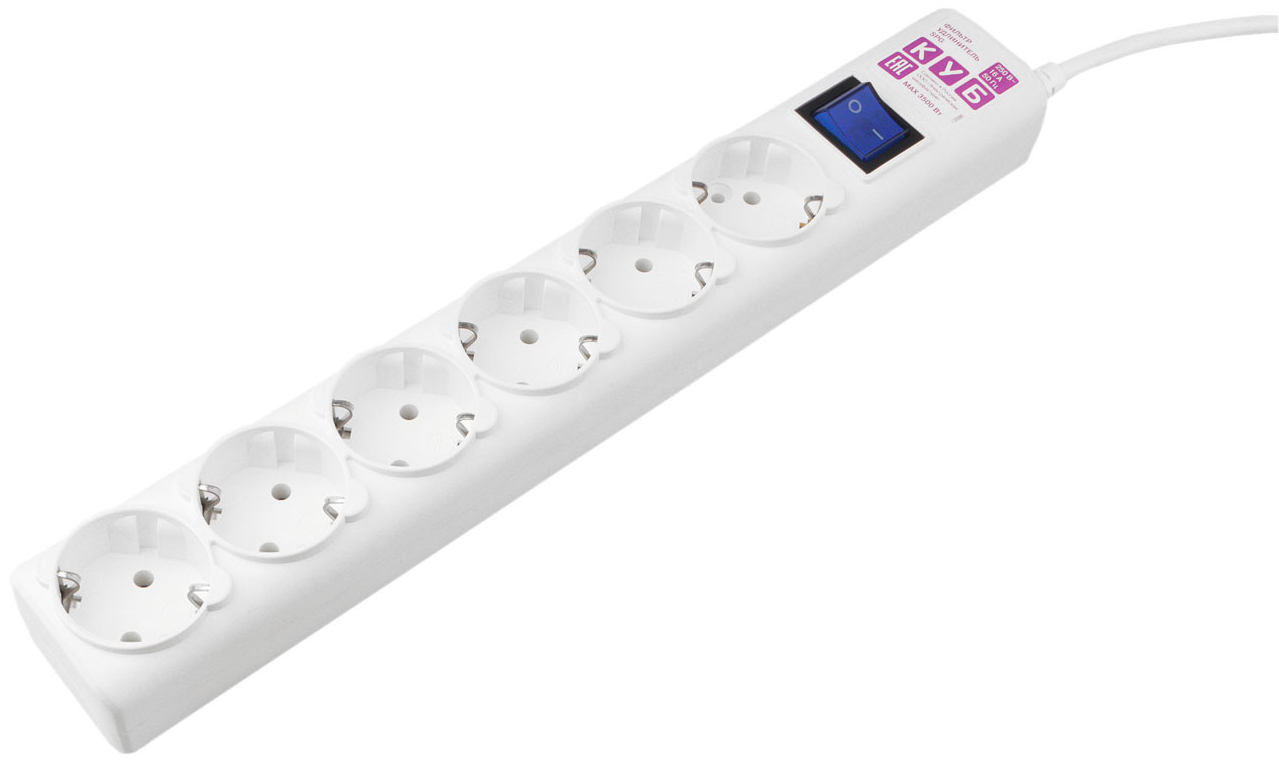 Фильтр-удлинитель Power Cube 3,0 м 6 розеток с заземлением (белый) 16А/3,5кВт/ Surge protector Power Cube 3,0 m 6 outlets (white) 16A / 3,5kVt