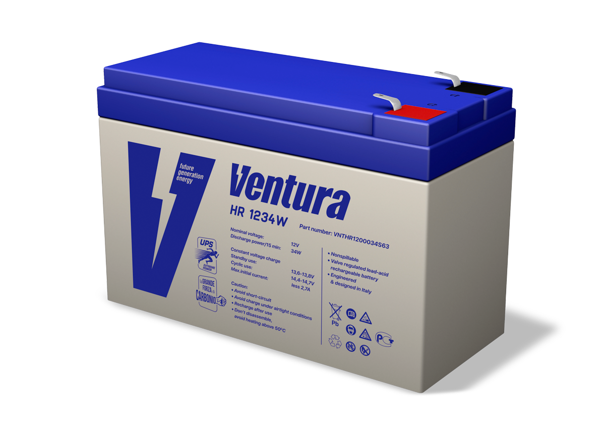 Батарея Ventura серия HR, HR1234W, напряжение  12 В, емкость 9Ач (разряд 20 часов), макс. ток заряда 2.7А,  свинцово-кислотная типа AGM,  клеммы  Т2, ДШВ  151x65x100мм, вес 2.7кг/ Ventura battery HR series, HR1234W, voltage 12 V, capacity 9Ah (discharge 20 hours), max. charging current 2.7A, lead-acid type AGM, terminals T2, LxWxH 151x65x100mm, weight 2.7kg