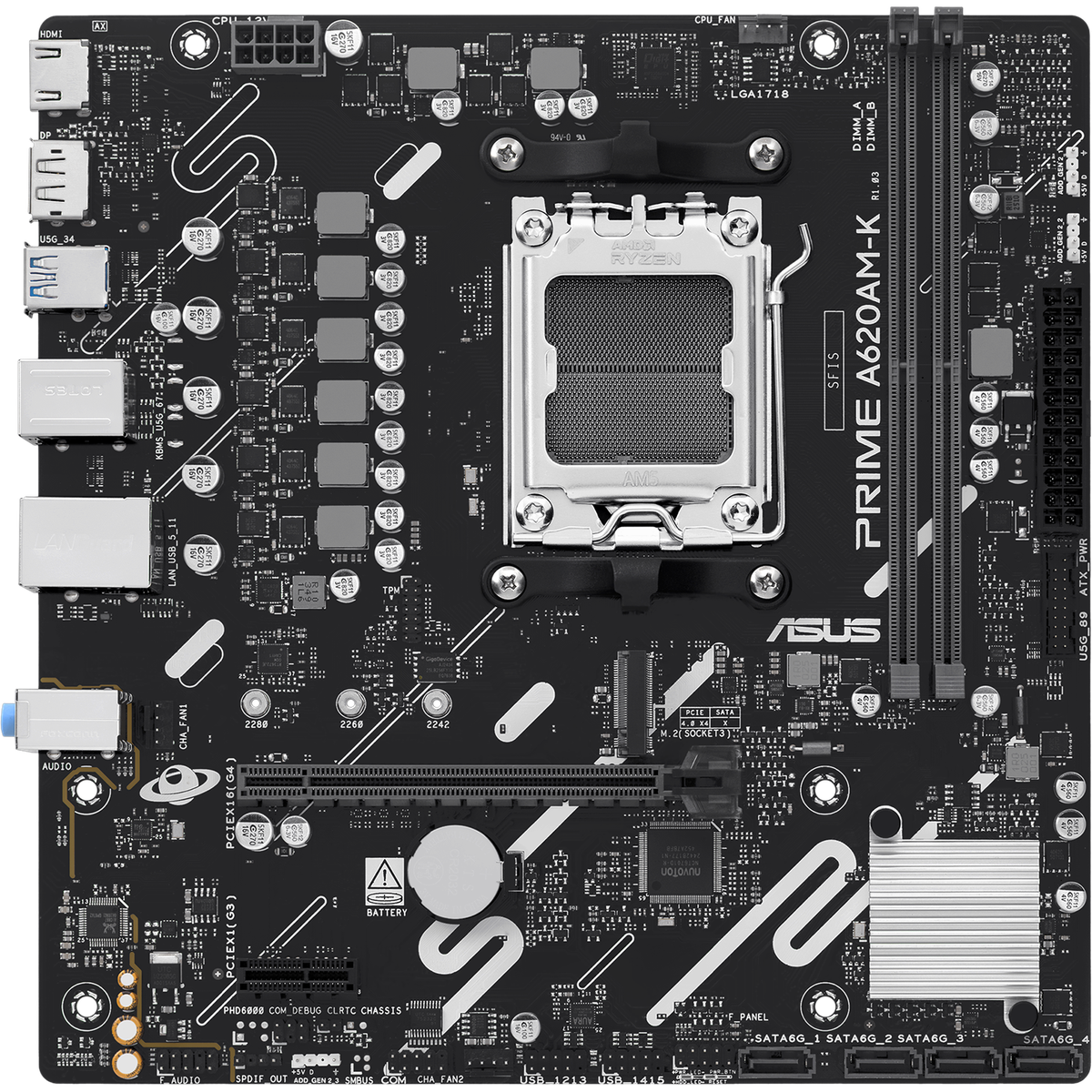 Материнская плата ASUS PRIME A620M-K, AM5, AMD A620, 2xDDR5, 4xSATA, 1xM.2, 1xPCIe 4.0 x16, 1xPCIe 3.0 x1, 1xHDMI, 1xDP, 1x1Gb LAN, 4xUSB-A 5Gbps, 2xUSB-A 2.0, 3x3.5 мм, 7.1, mATX