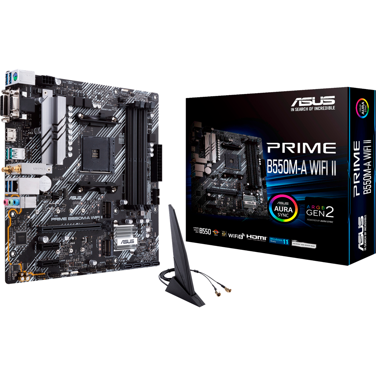 Материнская плата ASUS PRIME B550M-A WIFI II, AM4, AMD B550, 4xDDR4, 4xSATA, 2xM.2, 1xPCI-E 4.0 x16, 2xPCI-E x1, 1xDVI-D, 1xHDMI, 1xVGA, 1x 1Gb LAN, 2xUSB-A 3.2 Gen 2, 4xUSB-A 3.2 Gen 1, 3x3.5 мм, 7.1, Micro-ATX