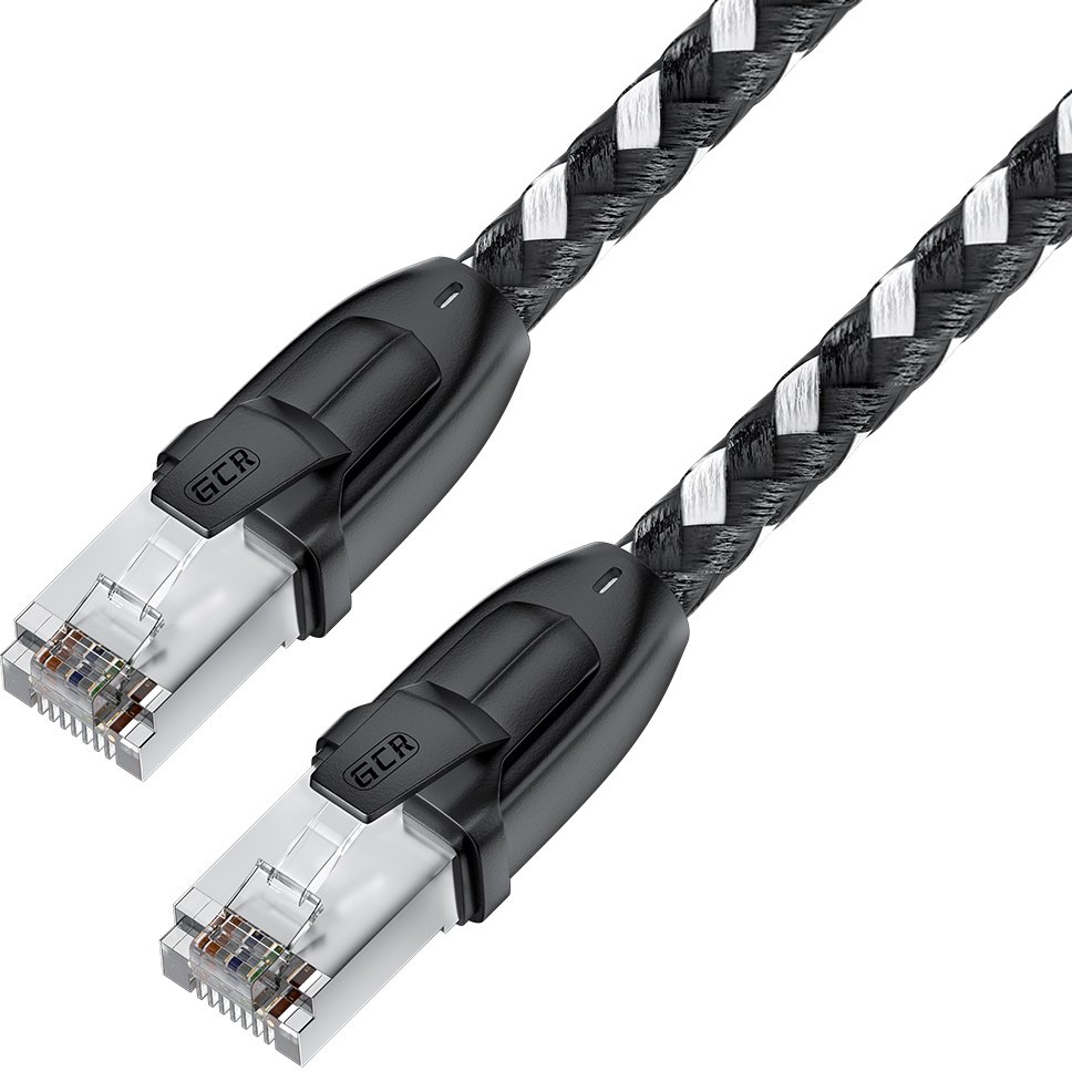 GCR PRO Патч-корд PROF прямой 3.0m, UTP медь кат.6А, STRONG черно-белый в оплетке текстиль, ethernet high speed 10 Гбит/с, T568B