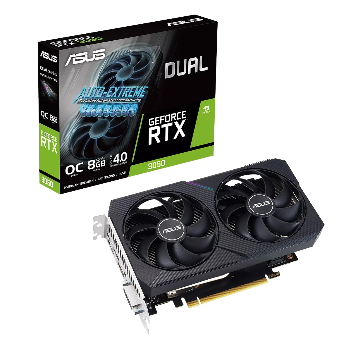 Видеокарта Asus NVIDIA - GeForce RTX 3050 Dual V2 OC, PCI-E 4.0 16x, GDDR6 8GB 128bit, 1x DVI-D, 1x HDMI, 1x DP, 115Вт, 200мм, 90YV0GH6-M0NA00