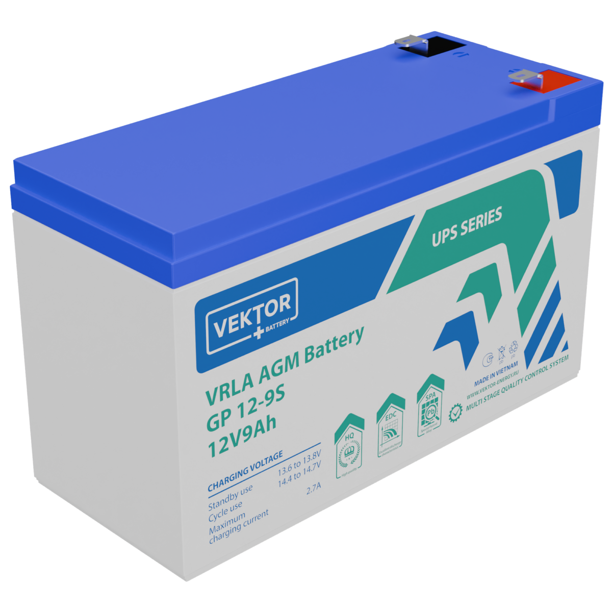 Батарея Vektor Battery серия GP , GP 12-9S, напряжение 12В, емкость 9Ач (разряд 20 часов), емкость 8,36Ач (разряд 10 часов), макс. ток разряда (5 сек.) 90А, макс. ток заряда 2,7A, свинцово-кислотная типа AGM, клеммы Т2, ДxШxВ 151x65x99.5 мм., вес 2,55кг.,
