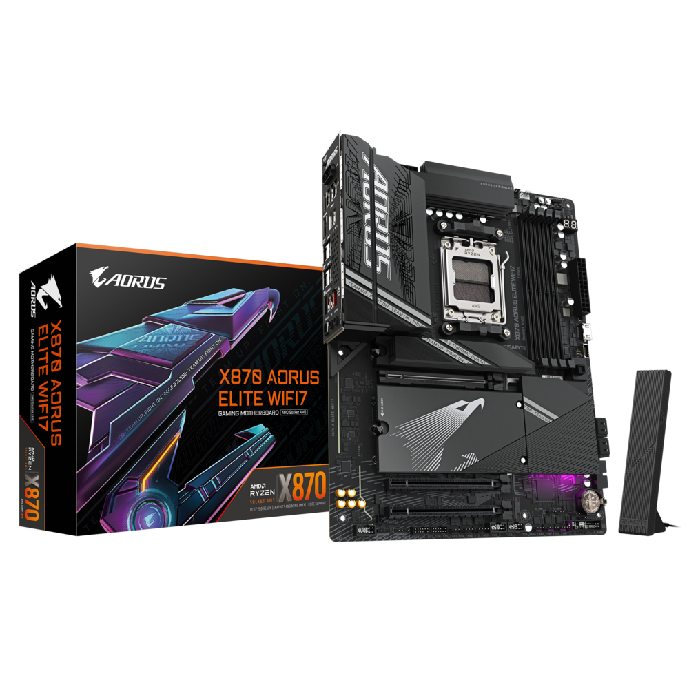 Материнская плата/ X870 AORUS ELITE WIFI7, Socket AM5, AMD X870, 4xDDR5-5200, HDMI, 3xPCI-Ex16, 4xSATA3(RAID 0/1/10), 4xM.2, 6 Ch Audio, 1x2,5GLan, (4+4)xUSB2.0, (6+2)xUSB3.2, (2+1)xUSB Type-C™, ATX, RTL