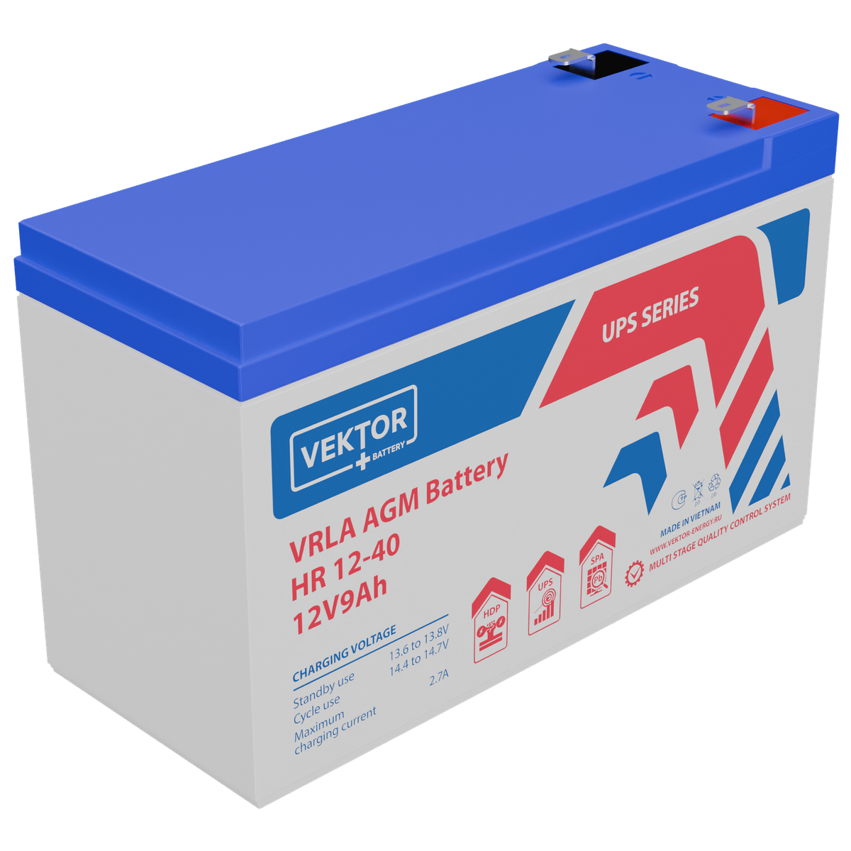 Батарея Vektor Battery серия HR, HR 12-40W, напряжение 12В, емкость 9 Ач (разряд 20 часов), макс. ток разряда (5 сек.) 135А, макс. ток заряда 2,7A, свинцово-кислотная типа AGM, клеммы F2, ДxШxВ 151x65x100мм., вес 12,55г., срок службы 8 лет