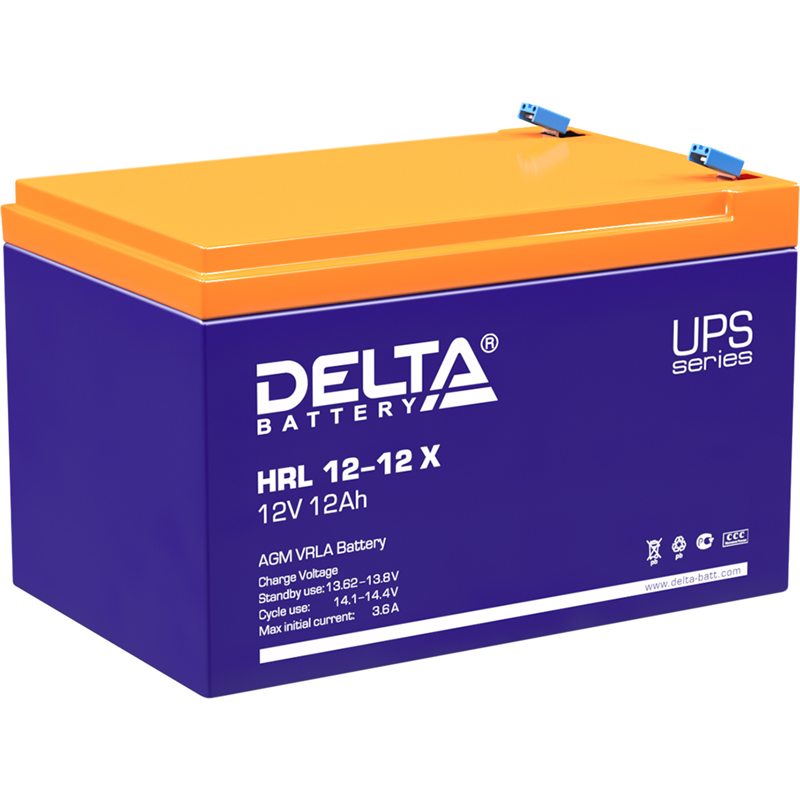 Батарея DELTA серия HRL-X, HRL 12-12 X, напряжение 12В, емкость 12Ач (разряд 10 часов),  макс. ток разряда (5 сек.) 160А, макс. ток заряда 3.6А, свинцово-кислотная типа AGM, клеммы F2, ДxШxВ 151х98х95мм., вес 3.85кг., срок службы 12 лет./ Battery DELTA series HRL-X, HRL 12-12 X, voltage 12V, capacity 12Ah (discharge 10 hours), max. discharge current (5 sec.) 160A, max. charge current 3.6A, lead-acid type AGM, terminals F2, LxWxH 151x98x95mm., weight 3.85kg., service life 12 years.
