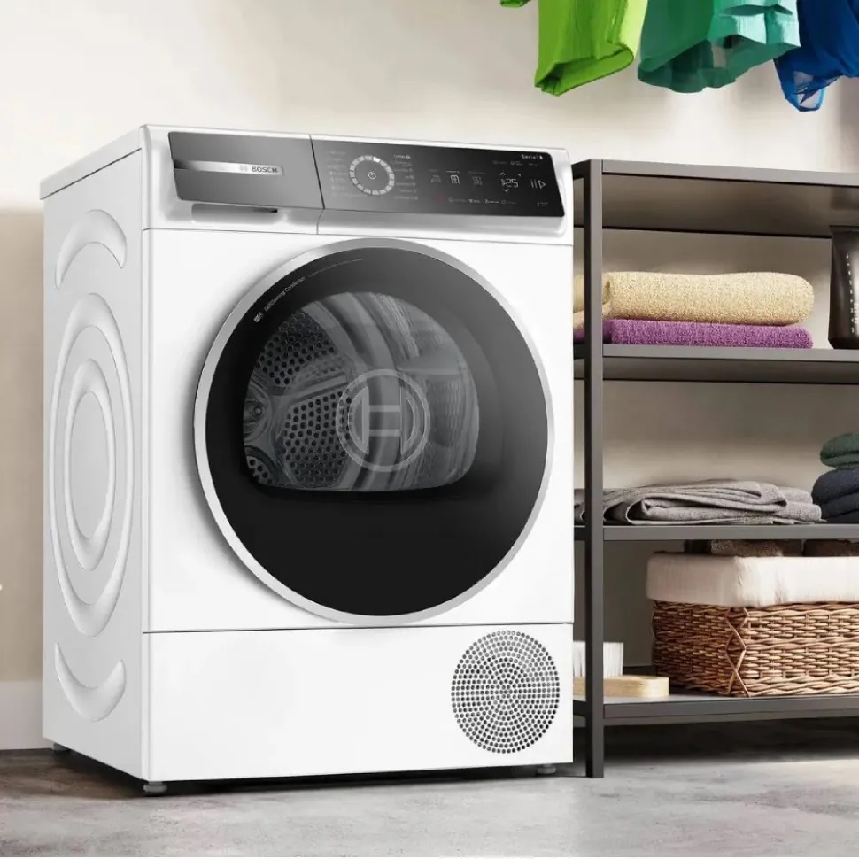 Сушильная машина BOSCH, 8 серия, тепловой насос, загрузка 9 кг, сенсорное управление, дисплей, отложенный старт, 14 программ, класс энергоэффективности : A+++, Габариты: 842 х 598 х 613 мм, цвет белый