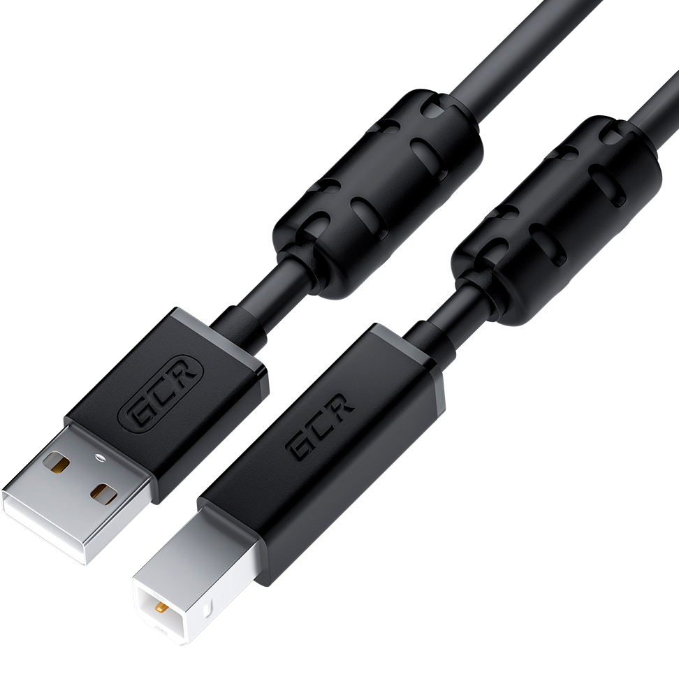 GCR PRO Кабель PROF 1.5m USB 2.0, AM/BM, GOLD, черный, ферритовые кольца, 28/24 AWG, медь, экран, армированный, морозостойкий