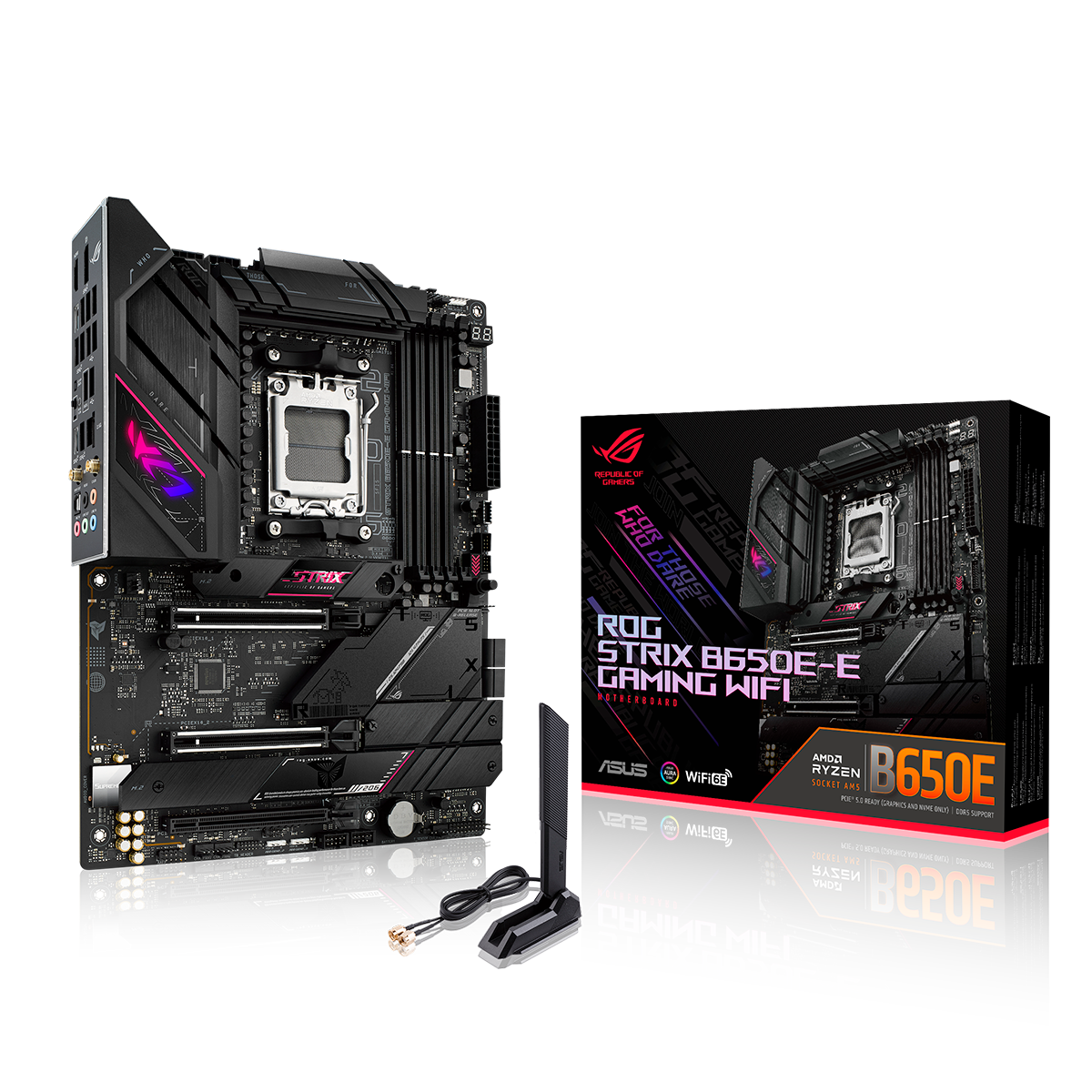 Материнская плата ASUS ROG STRIX B650E-E GAMING WIFI, AM5, AMD B650, 4xDDR5, 4xSATA, 4xM.2, 1xPCI-E 4.0 x4, 1xPCI-E 5.0 x8, 1xPCI-E 5.0 x16, 1xDP, 1xHDMI, 1x 2.5Gb LAN, 4xUSB-A 3.2 Gen 2, 6xUSB-A 3.2 Gen 2, 1xUSB-C 3.2 Gen 2, 1xUSB-C 3.2 Gen 2x2, 5x3.5 мм, TOSLINK, 7.1, ATX