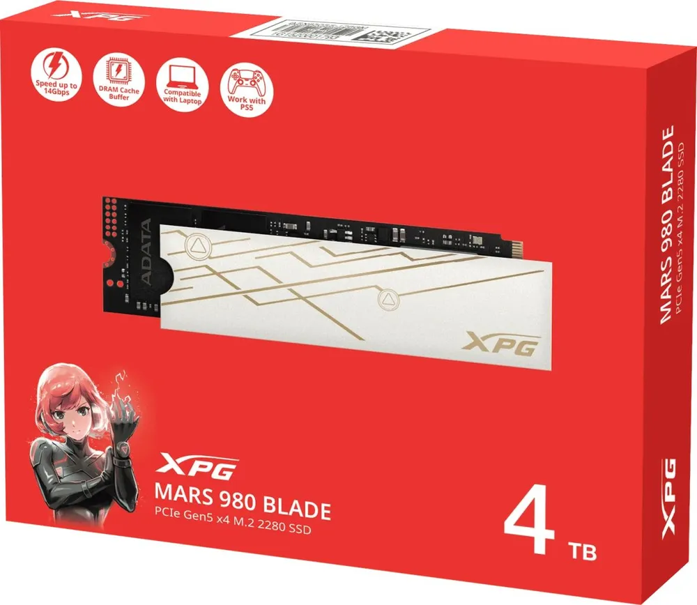 Твердотельный накопитель/ ADATA SSD XPG MARS 980 BLADE, 4000GB, M.2(22x80mm), NVMe, PCIe 5.0 x4, 3D NAND, R/W 14000/13000MB/s, IOPs 1 950 000/1 650 000, TBW 2960, DWPD 0.4 (5 лет)