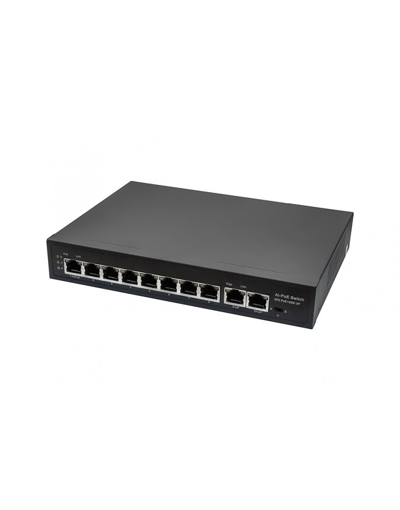 PoE коммутатор Fast Ethernet/ PoE коммутатор Fast Ethernet на 10 RJ45 портов. Порты: 8 x FE (10/100 Base-T) с поддержкой PoE (IEEE 802.3af/at), 2 x GE (10/100/1000 Base-T). Соответствует стандартам PoE IEEE 802.3af/at. Автоматическое определение и режим антизависания PoE устройств. Мощность PoE на порт - до 30W. Суммарная мощность PoE - до 115W. Поддержка режима CCTV: Увеличение расстояния передачи данных и питания до 250м, изоляция портов (VLAN). Встроенная грозозащита 6кВ. Питание: AC100-240V 