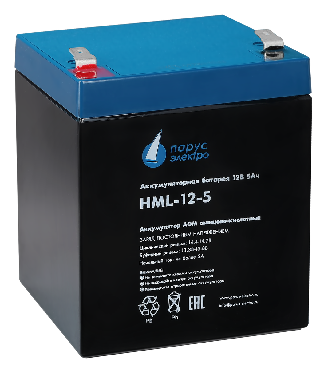 Battery Parus Electro, professional series HML-12-5, voltage 12V, capacity 5.2Ah (discharge 20 hours), max. discharge current (5sec) 75A, max. charge current 2A, lead-acid type AGM, terminals F2, LxWxH 90x70x101mm., total height with terminals 107mm., weight 1.95kg., service life 12 years.