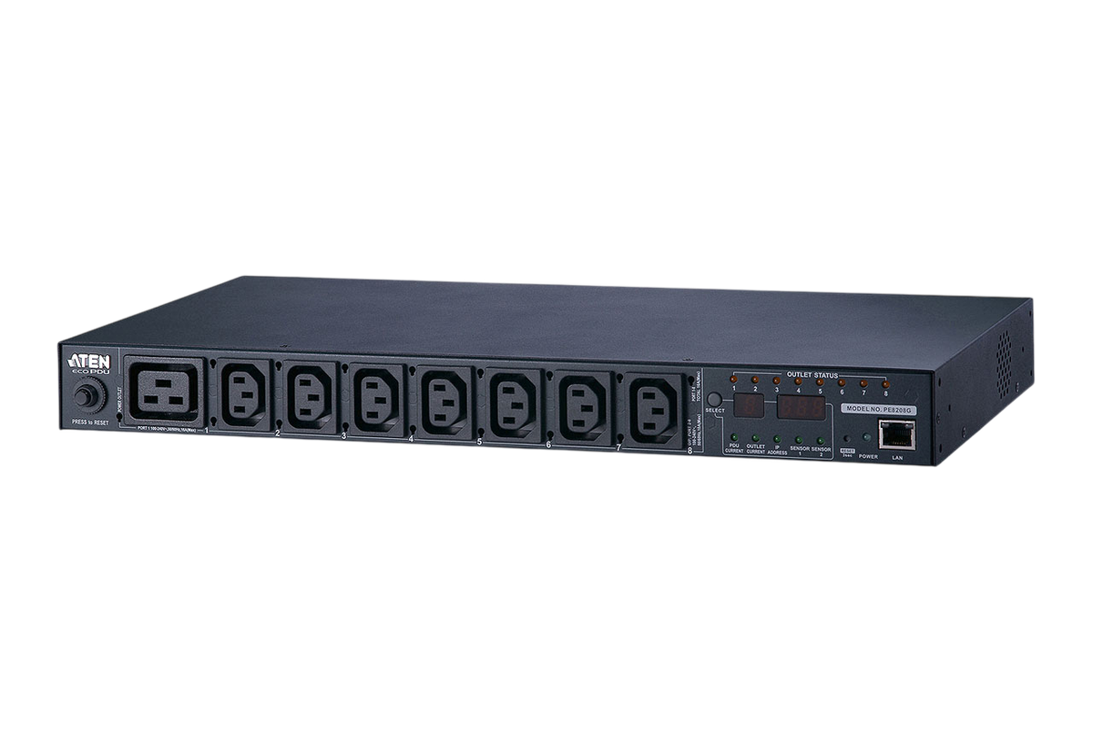Устройство распределения питания, с управлением, 16A,  2.4kW,  8 портов, 1 банк, IP доступ, ввод C14, (8*C13 монитор. V / A / кВт / кВтч по портам/устройству вкл/выкл по портам;без шнуров)/ 16A Per outlet Metered, 8 Outlet SW PDU