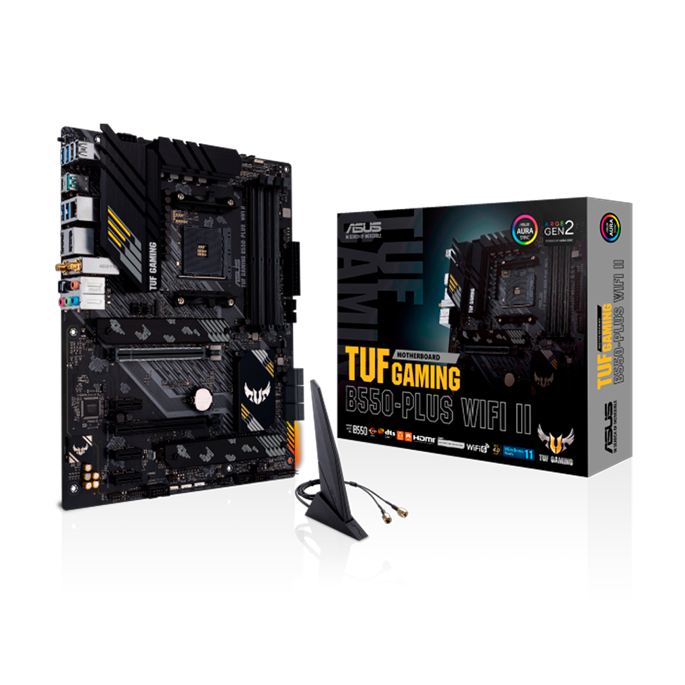 Материнская плата ASUS TUF GAMING B550-PLUS WIFI II, AM4, AMD B550, 4xDDR4, 6xSATA, 2xM.2, 1xPCI-E 3.0 x16, 1xPCI-E 4.0 x16, 3xPCI-E x1, 1xDP, 1xHDMI, 1x 2.5Gb LAN, 2xUSB-A 3.2 Gen 1, 1xUSB-A 3.2 Gen 2, 1xUSB-C 3.2 Gen 2, 3x3.5 мм, 7.1, ATX