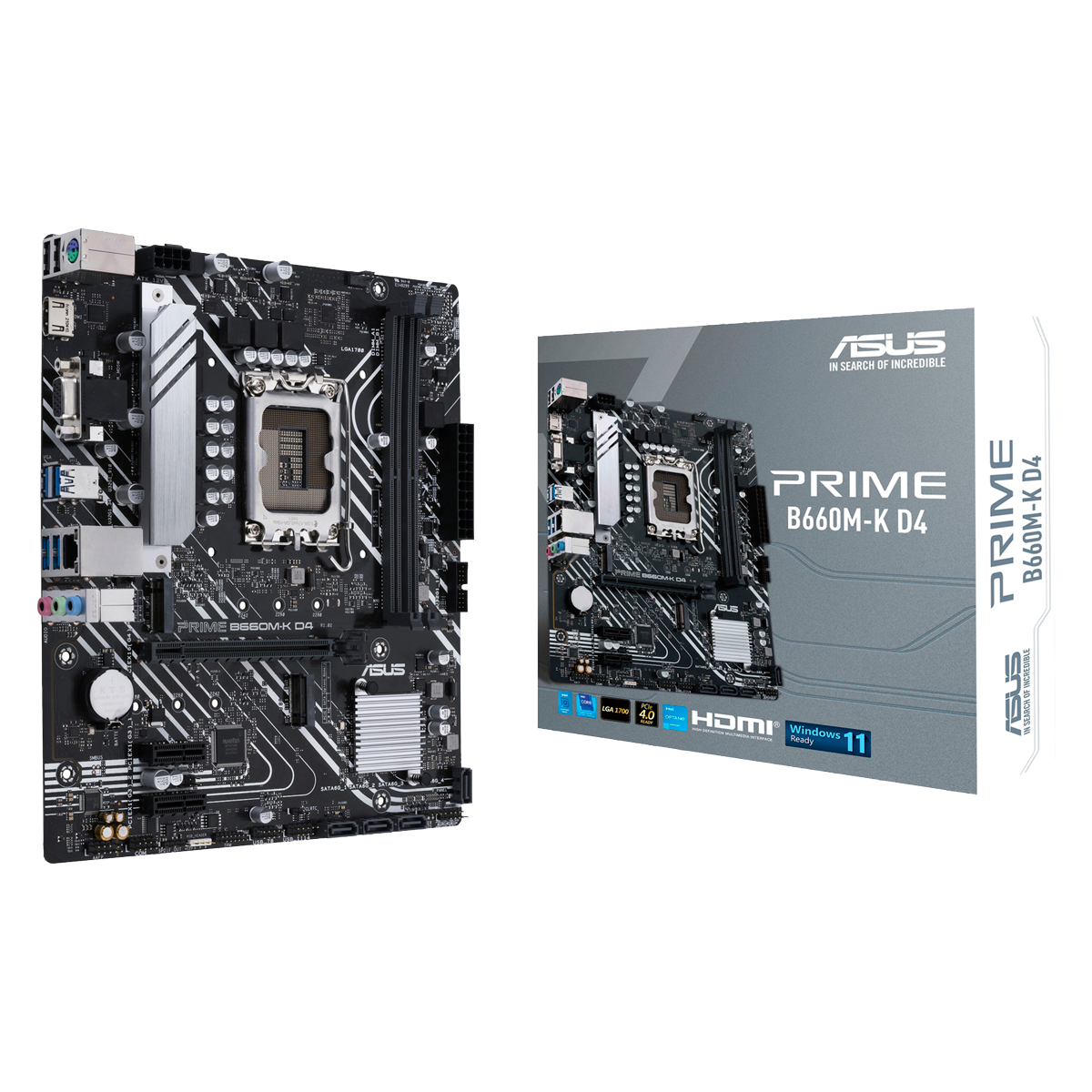 Материнская плата ASUS PRIME B660M-K D4, Socket LGA 1700, Intel B660, 2xDDR4, 4xSATA, 2xM.2, 1xPCIe 4.0 x16, 2xPCIe x1, 1xHDMI, 1xVGA, 1x 1Gb LAN, 4xUSB-A 3.2 Gen 1, 2xUSB-A 2.0, 3x3.5 мм, 7.1, mATX
