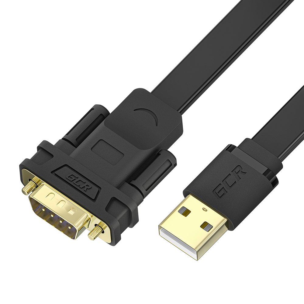 GCR Конвертер-переходник 0.5m USB 2.0 AM / DB9 RS-232 с чипсетом PL2303GS, плоский, медь, экран, черный