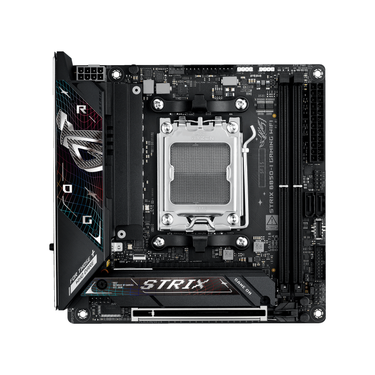 Материнская плата ASUS ROG STRIX B850-I GAMING WIFI, AM5, AMD B850, 2xDDR5, 2xM.2, 2xSATA, PCIe 4.0 x16, 1xHDMI, 1xUSB Type-C, 1x2.5Gb LAN, Wi-Fi 7, Bluetooth 5.4, 5xUSB-A 10Gbps, 1xUSB-C 20Gbps, 2xUSB-A 2.0, 3x3.5 мм, S/PDIF, 7.1, Mini-ITX