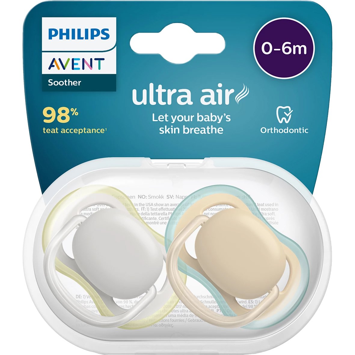 Пустышка Philips/ Пустышка ultra air, Серая/Персиковая без рисунков, 0-6 мес, 2 шт, для мальчиков и девочек