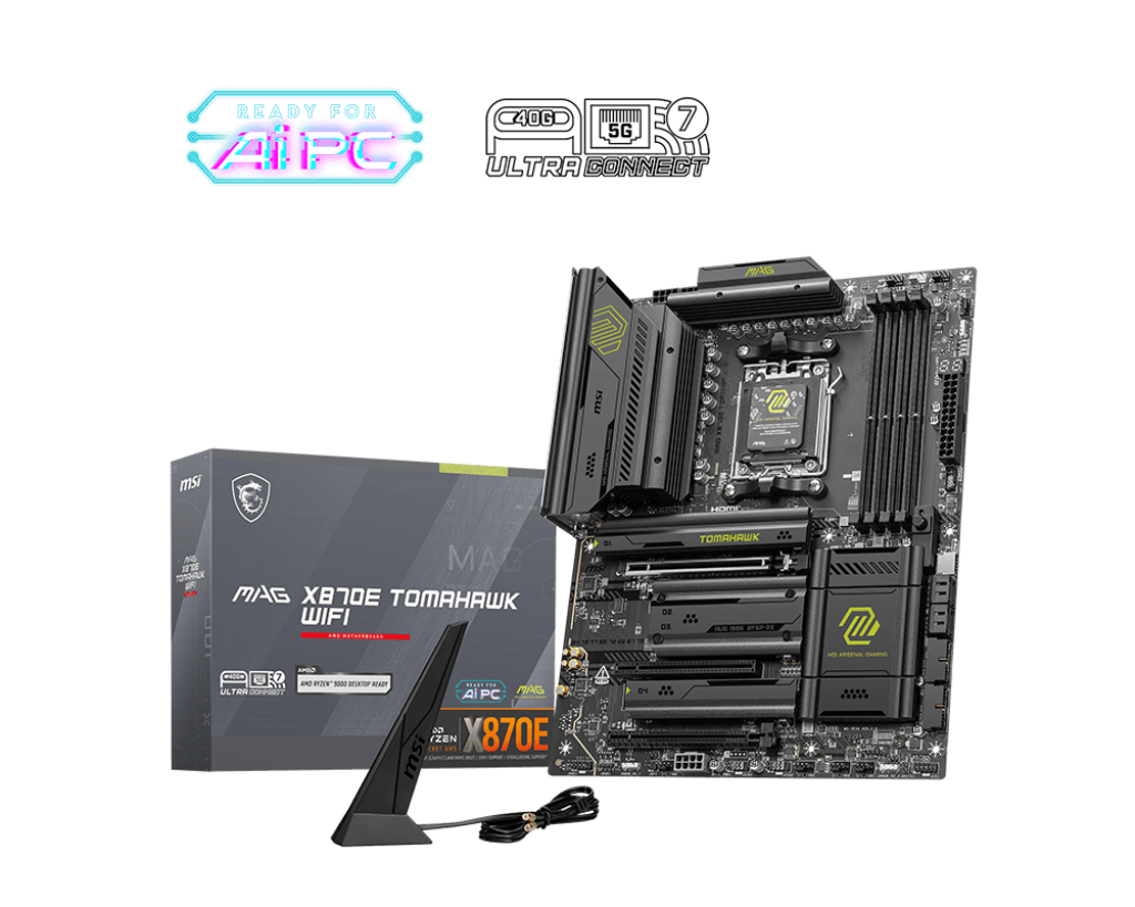 Материнская плата MSI MAG X870E TOMAHAWK WIFI, AM5, AMD X870, 4xDDR5, 4xSATA, 4xM.2, 1xPCI-E 5.0 x16, 1xPCI-E 4.0 x4, 1xPCI-E 3.0 x1, 1xHDMI, 2xUSB Type-C, 1x5Gb LAN, 2xUSB-A 3.2 Gen 2, 3xUSB-A 3.2 Gen 1, 4xUSB-A 2.0, 7.1, Wi-Fi 7, ATX