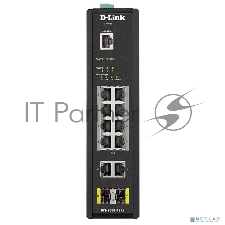КоммутаторD-Link DIS-200G-12PS/A1A, L2 Managed Industrial Switch with 10 10/100/1000Base-T and 2 1000Base-X SFP ports (8 PoE ports 802.3af/802.3at (30 W), PoE Budget 123 W)8K Mac address, 802.3x Flow Control,