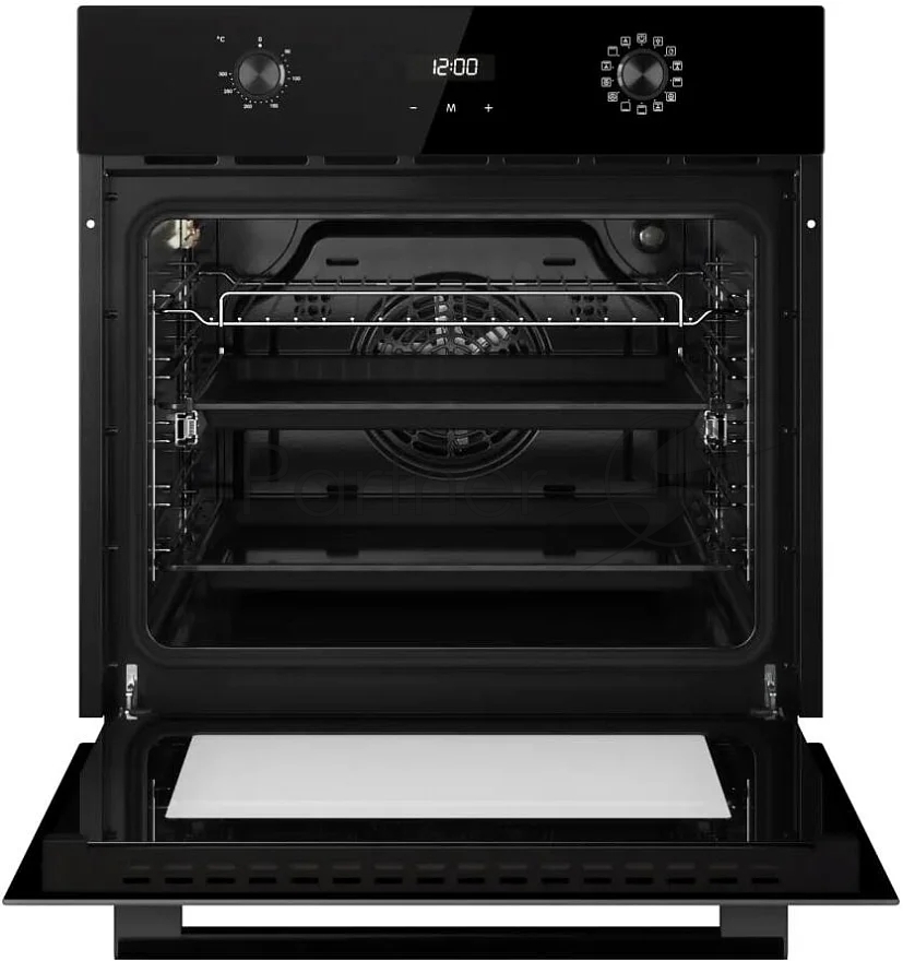 Встраиваемый духовой шкаф Kuppersberg HO 677 B, High-Tech, объем 70 л, 13 режимов, электронное управление (утапливаемые переключатели, аналоговый дисплей), телескопические направляющие на одном уровне, максимальная температура 300 градусов, 2 стекла в дверце, черный