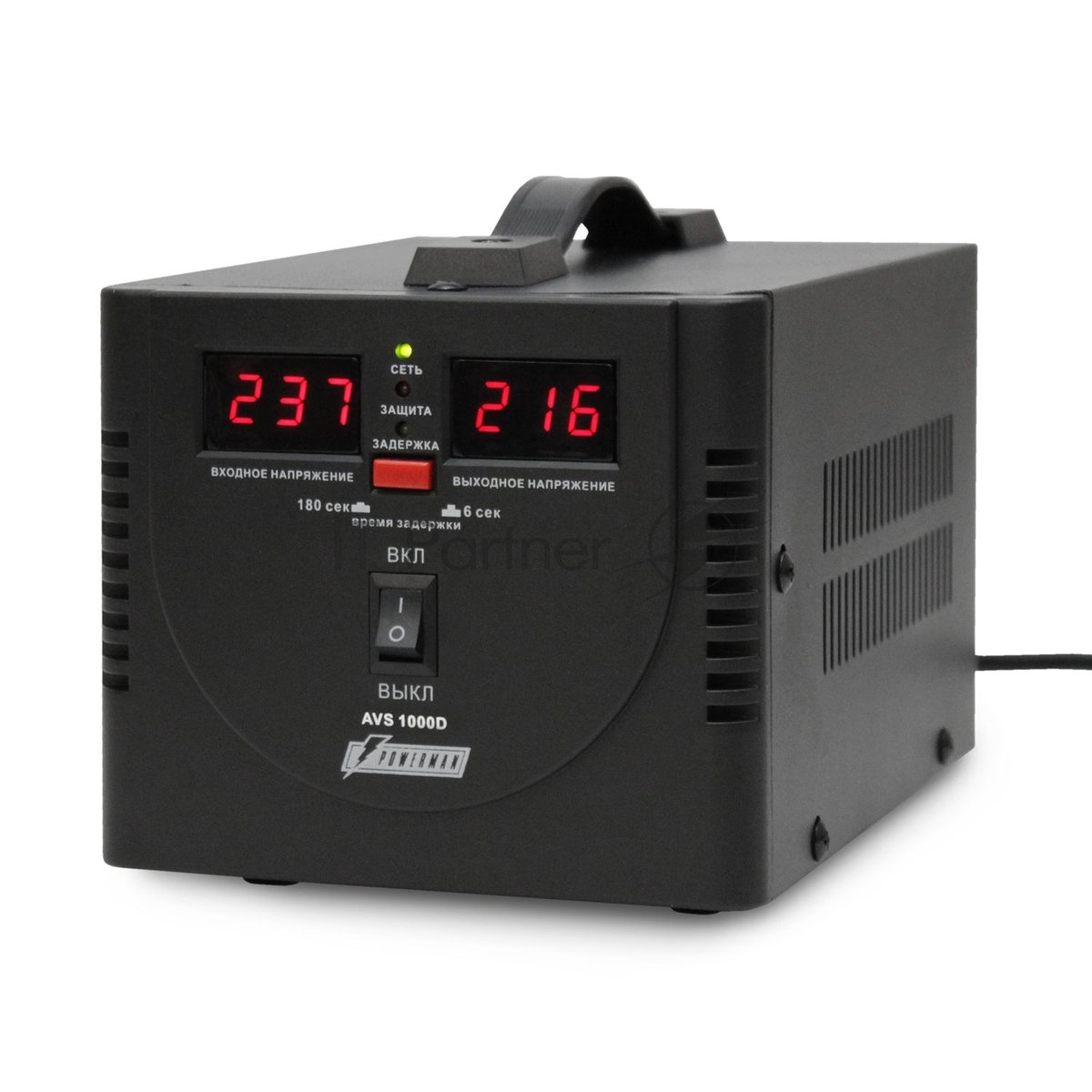 Стабилизатор напряжения Powerman AVS 1000D черный (220В±8% 1000ВА,8А,КПД 98%, циф. индикация вх./вых.)