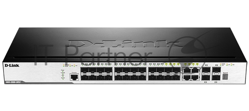 Управляемый стекируемый коммутатор 2 уровня с 20 портами 100/1000Base-X SFP, 4 комбо-портами 10/100/1000Base-T/SFP и 4 портами 10GBase-X SFP+
