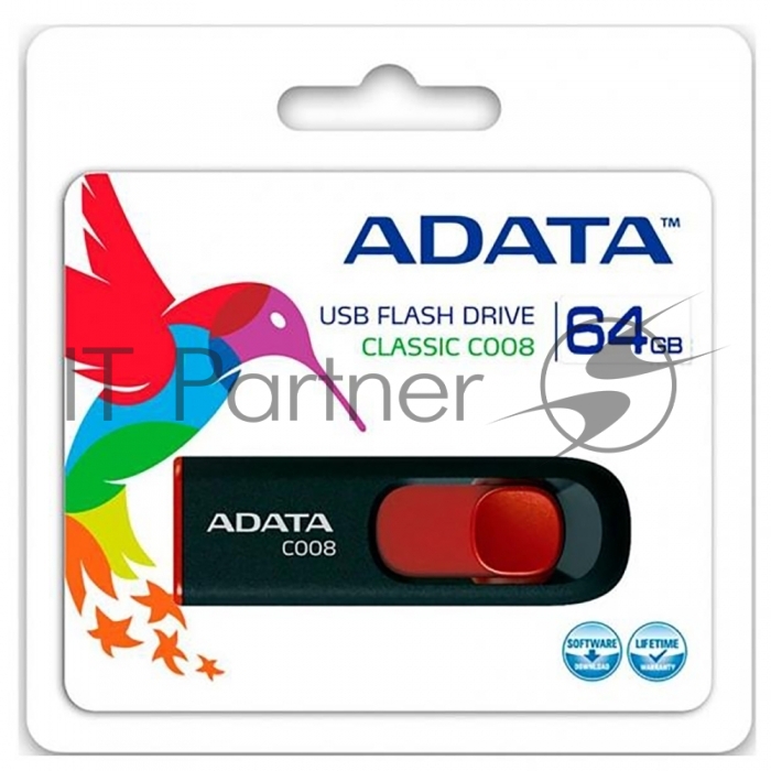USB накопитель ADATA - Classic C008, USB Type A (USB 2.0), 64 ГБ, цвет чёрный, AC008-64G-RKD