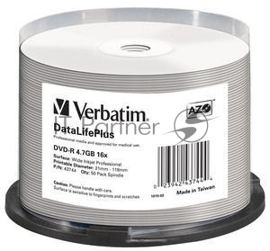 Диск DVD-R Verbatim 4.7 Gb, 16x, Cake Box (50), Full Ink Printable Pro (50/200)