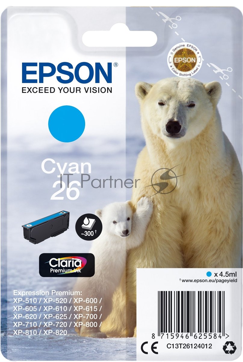 EPSON C13T26124010/4012  26C Epson картридж к Expression Premium XP-600, 605, 700, 800 (голубой) (cons ink)