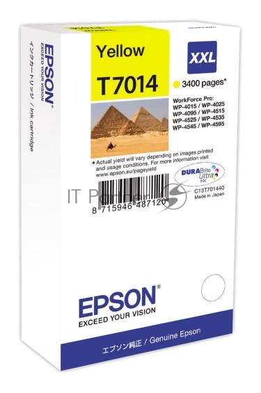 Картридж струйный Epson C13T70144010 желтый (3400 стр. сверх-повышенной емкости) для WorkForce WP-4015DN WP-4015, WP-4025DW WP-4025, WP-4095DN WP-4095, WP-4515DN WP-4515, WP-4525DNF WP-4525, WP-4535DWF WP-4535, WP-4595DNF WP-4595