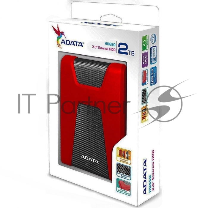 Внешний HDD 2.5" ADATA HD650, 2TB, USB 3.2 Gen 1 Type-A, 5400 rpm, красный