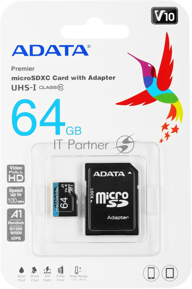 Флеш карта microSD 64Gb ADATA microSDHC Class 10 UHS-I A1 100/25 MB/s (SD адаптер)