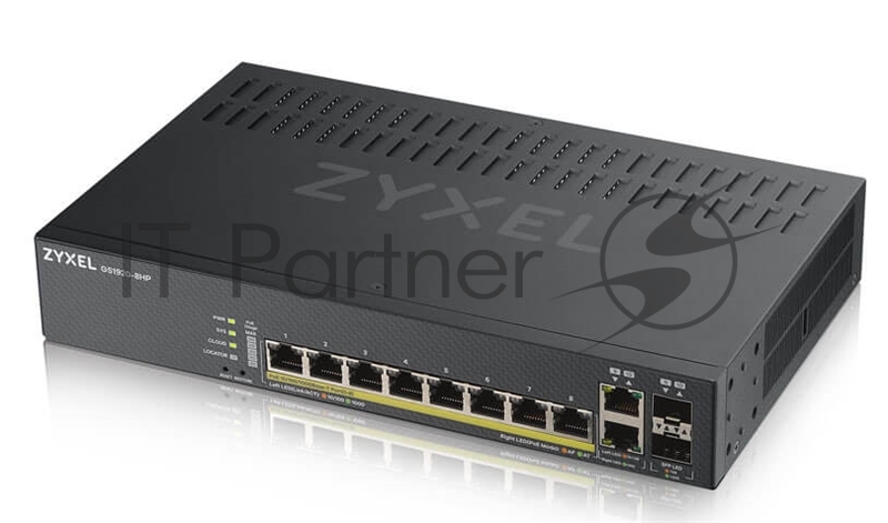 Коммутатор Zyxel GS1920-8HPV2, 8×1 Гбит/с + 2×Combo (SFP/RJ-45), 8×PoE+ (130 Вт), L2, управляемый