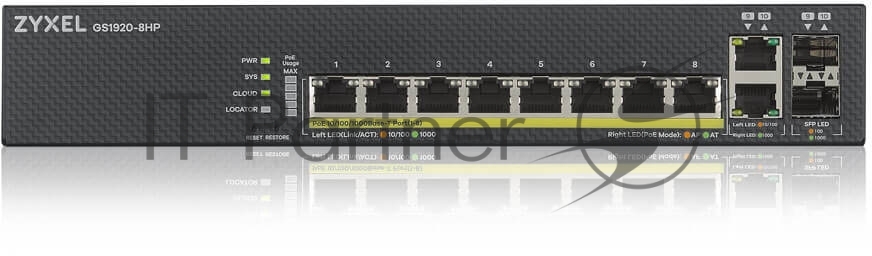 Коммутатор Zyxel GS1920-8HPV2, 8×1 Гбит/с + 2×Combo (SFP/RJ-45), 8×PoE+ (130 Вт), L2, управляемый
