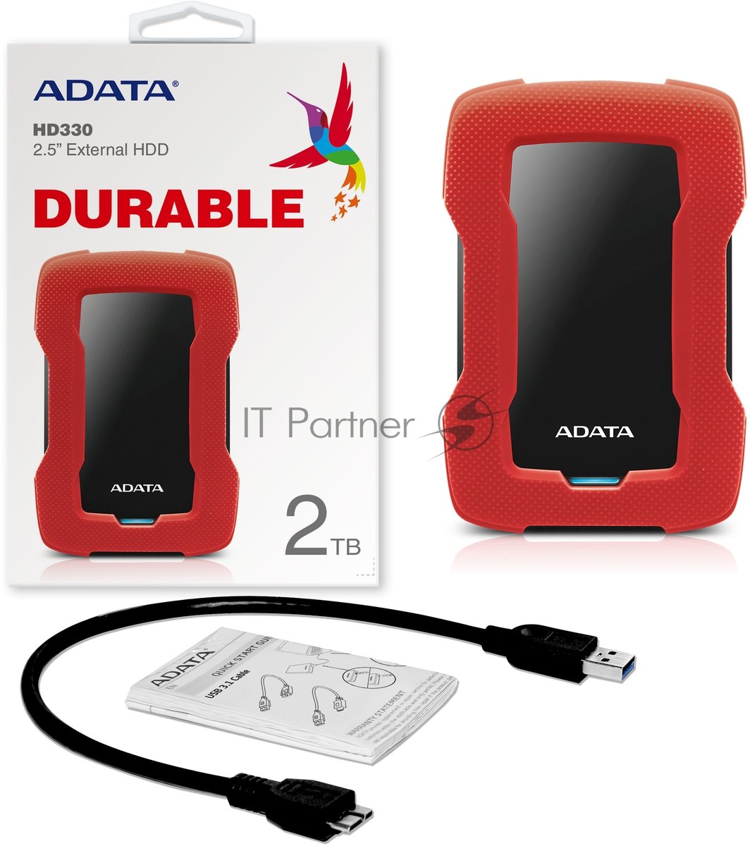 Внешний HDD 2.5" ADATA HD330, 2TB, USB 3.2 Gen 1 Type-A, 5400 rpm, красный