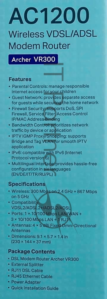 Маршрутизатор/ AC1200 Wi-Fi VDSL/ADSL Modem Router, 802.11ac/a/n/g/b, 867Mbps at 5GHz + 300Mbps at 2.4GHz, 4 FE ports,  4 fixed antennas, Tether App, VPN Server, Clound Support, with VDSL splitter, Annex A&B