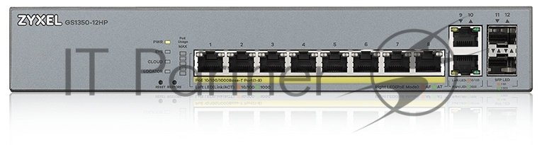Коммутатор Zyxel GS1350-12HP, 10xGE (8xPoE+), 2xSFP, бюджет PoE 130 Вт, дальность передачи питания до 250 м, автоперезагрузка PoE-портов, повышенная защита от перенапряжений и электростатических разрядов