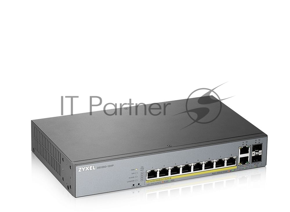 Коммутатор Zyxel GS1350-12HP, 10xGE (8xPoE+), 2xSFP, бюджет PoE 130 Вт, дальность передачи питания до 250 м, автоперезагрузка PoE-портов, повышенная защита от перенапряжений и электростатических разрядов