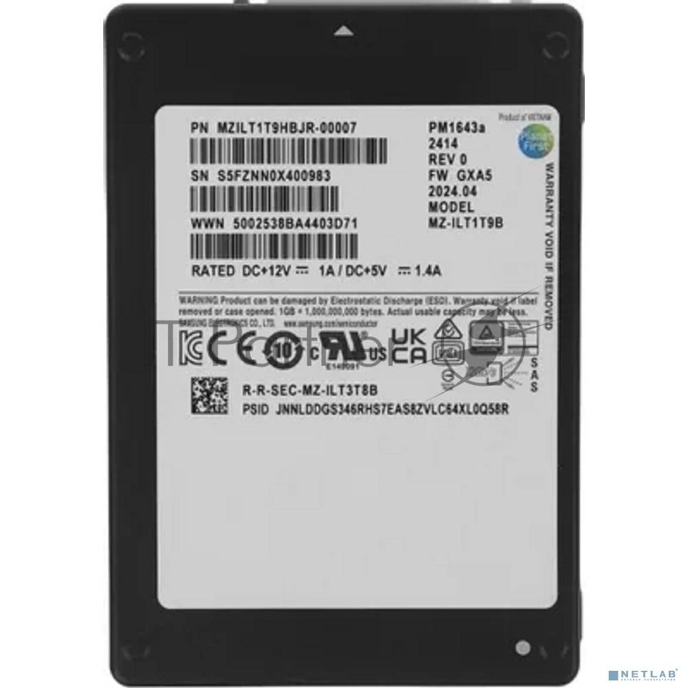 Накопитель SSD Samsung Enterprise PM1643a, 1.92Tb, SAS 12Gb/s, 2.5", R/W 2100/1800