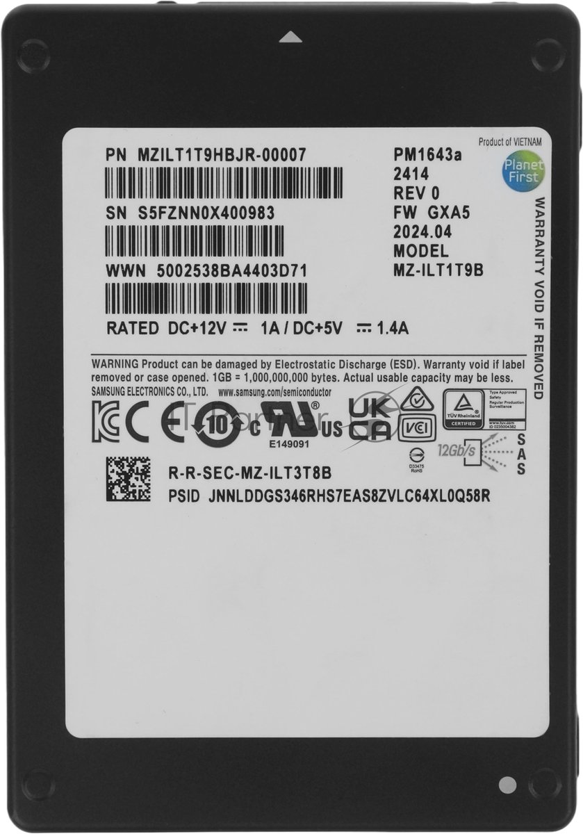 Накопитель SSD Samsung Enterprise PM1643a, 1.92Tb, SAS 12Gb/s, 2.5", R/W 2100/1800