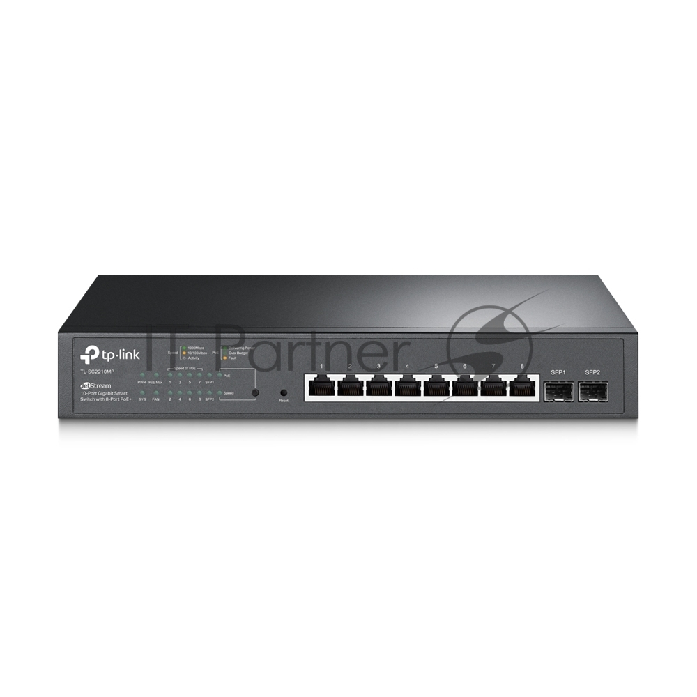 Коммутатор TP-Link JetStream 10-Port Gigabit Smart Switch with 8-Port PoE+, 8× Gigabit PoE+ Ports, 2× Gigabit SFP Slots, 802.3at/af, 150 W PoE Power, 1U 13-inch Rack-mountable Steel CaseIntegration with Omada SDN Controller, 802.1Q VLAN, STP/RSTP/MSTP, IGMP Snoopi
