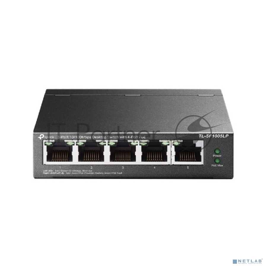 Коммутатор 5-Port 10/100Mbps Unmanaged Switch with 4-Port PoE, meta case, desktop mount, PoE budget 41W.