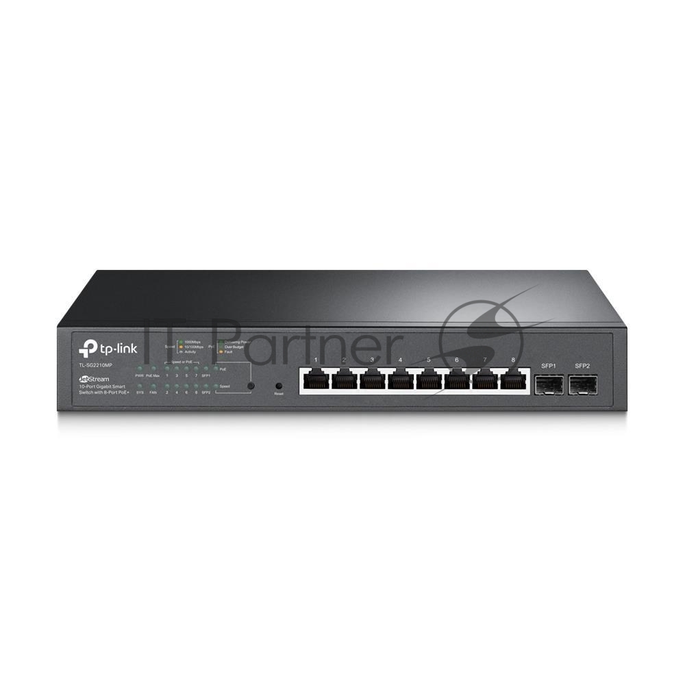Коммутатор TP-Link JetStream 10-Port Gigabit Smart Switch with 8-Port PoE+, 8× Gigabit PoE+ Ports, 2× Gigabit SFP Slots, 802.3at/af, 150 W PoE Power, 1U 13-inch Rack-mountable Steel CaseIntegration with Omada SDN Controller, 802.1Q VLAN, STP/RSTP/MSTP, IGMP Snoopi